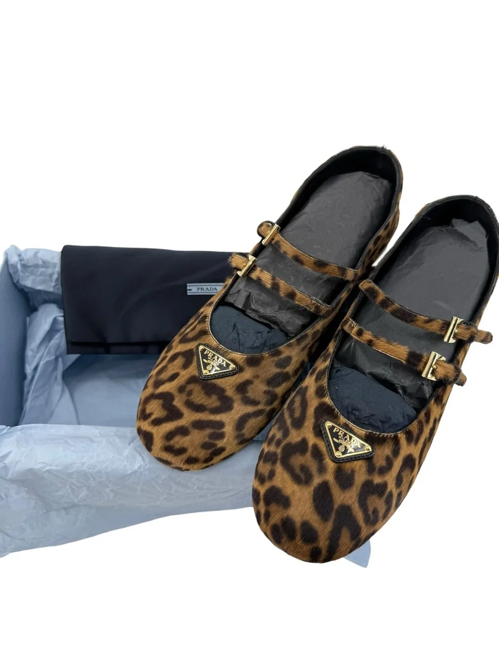 Prada Leopard Haircalf Double Strap Ballet Flats 38.5 US 8.5 NIB Current Style - Picture 16 of 17
